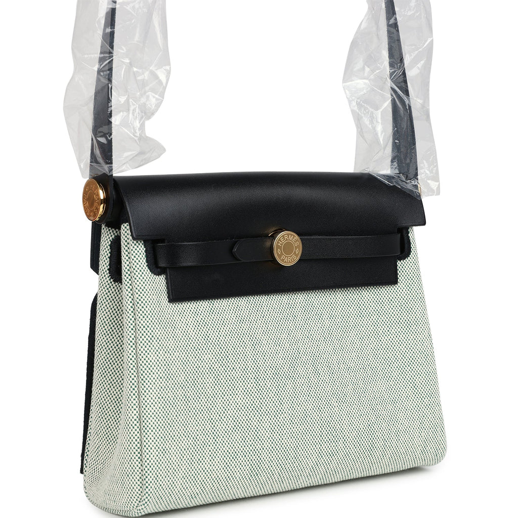 Herbag Zip 20 Mini Ecru and Vert Moyen Toile H Canvas and Black Vache Hunter Gold Hardware