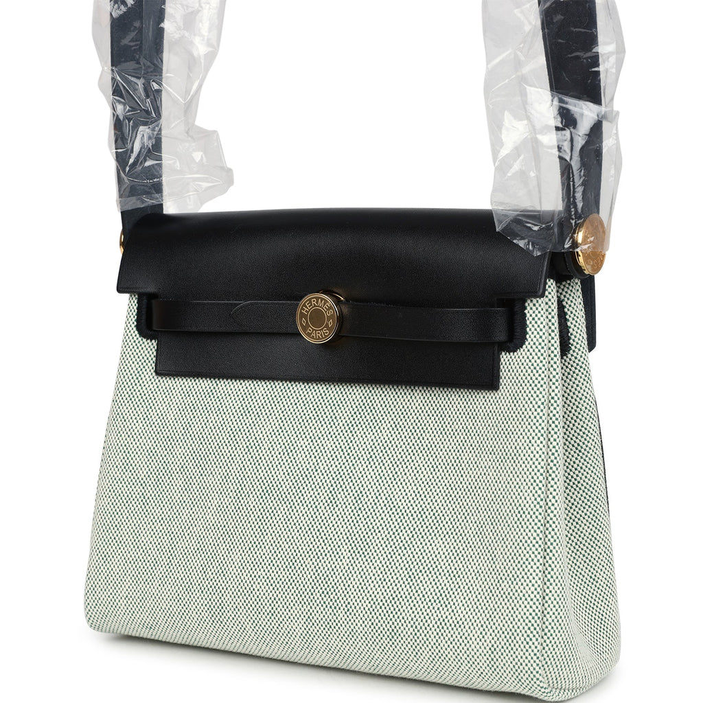 Herbag Zip 20 Mini Ecru and Vert Moyen Toile H Canvas and Black Vache Hunter Gold Hardware