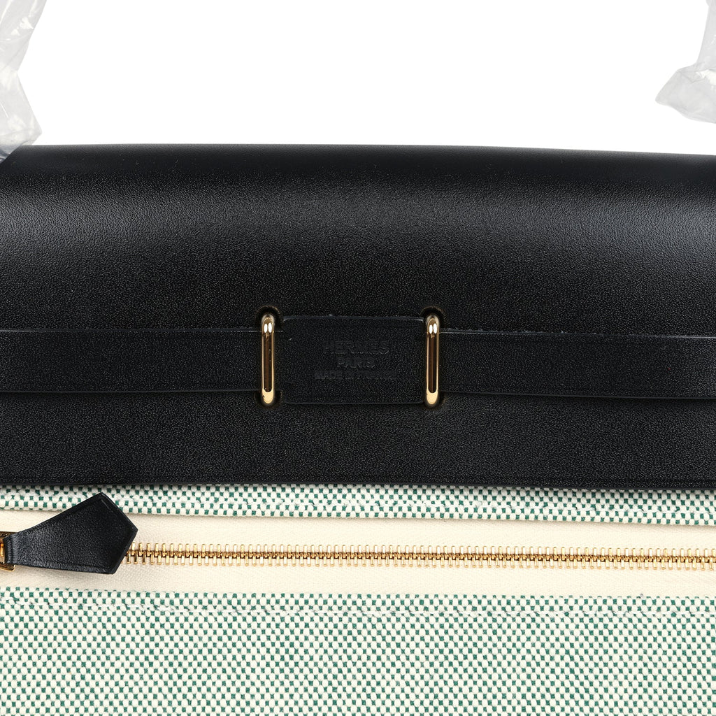 Herbag Zip 20 Mini Ecru and Vert Moyen Toile H Canvas and Black Vache Hunter Gold Hardware