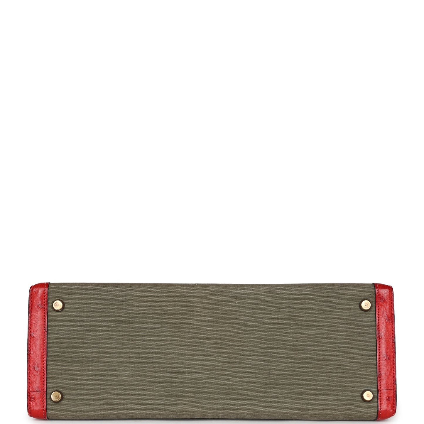 Vintage Kelly Sellier 32 Rouge Vif Ostrich and Vert Olive Officier Canvas Gold Hardware