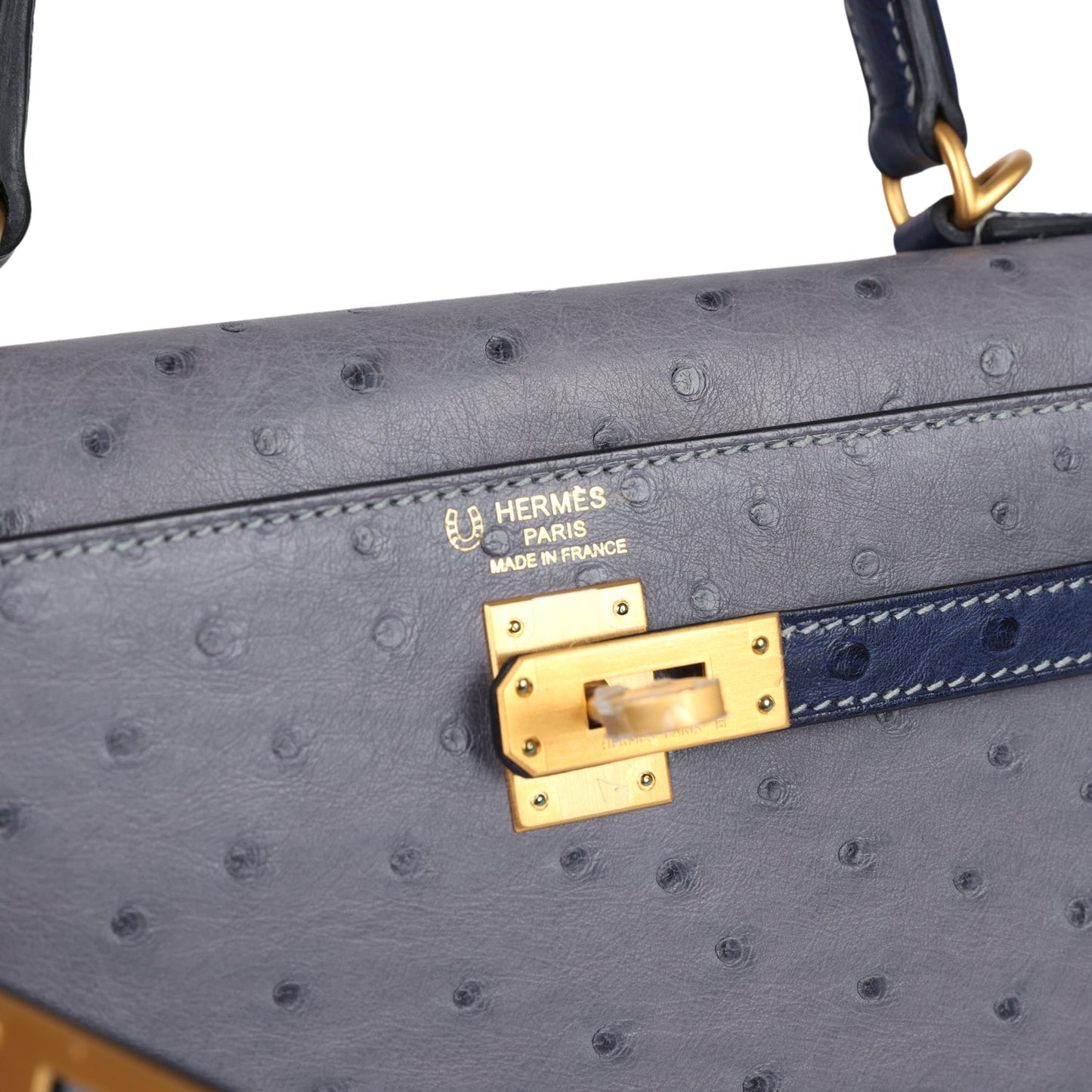 Special Order (HSS) Kelly Sellier 25 Gris Agate and Bleu Iris Ostrich Brushed Gold Hardware