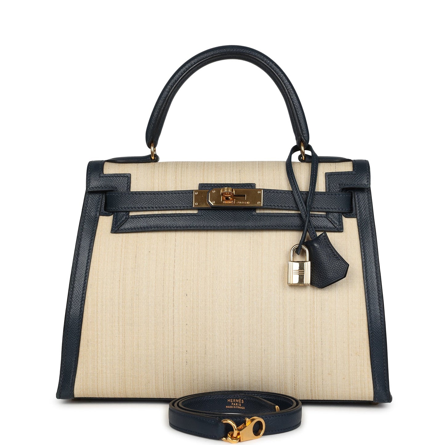 Vintage Kelly Sellier 28 Bleu Marine Courchevel and Ecru Crinoline Gold Hardware