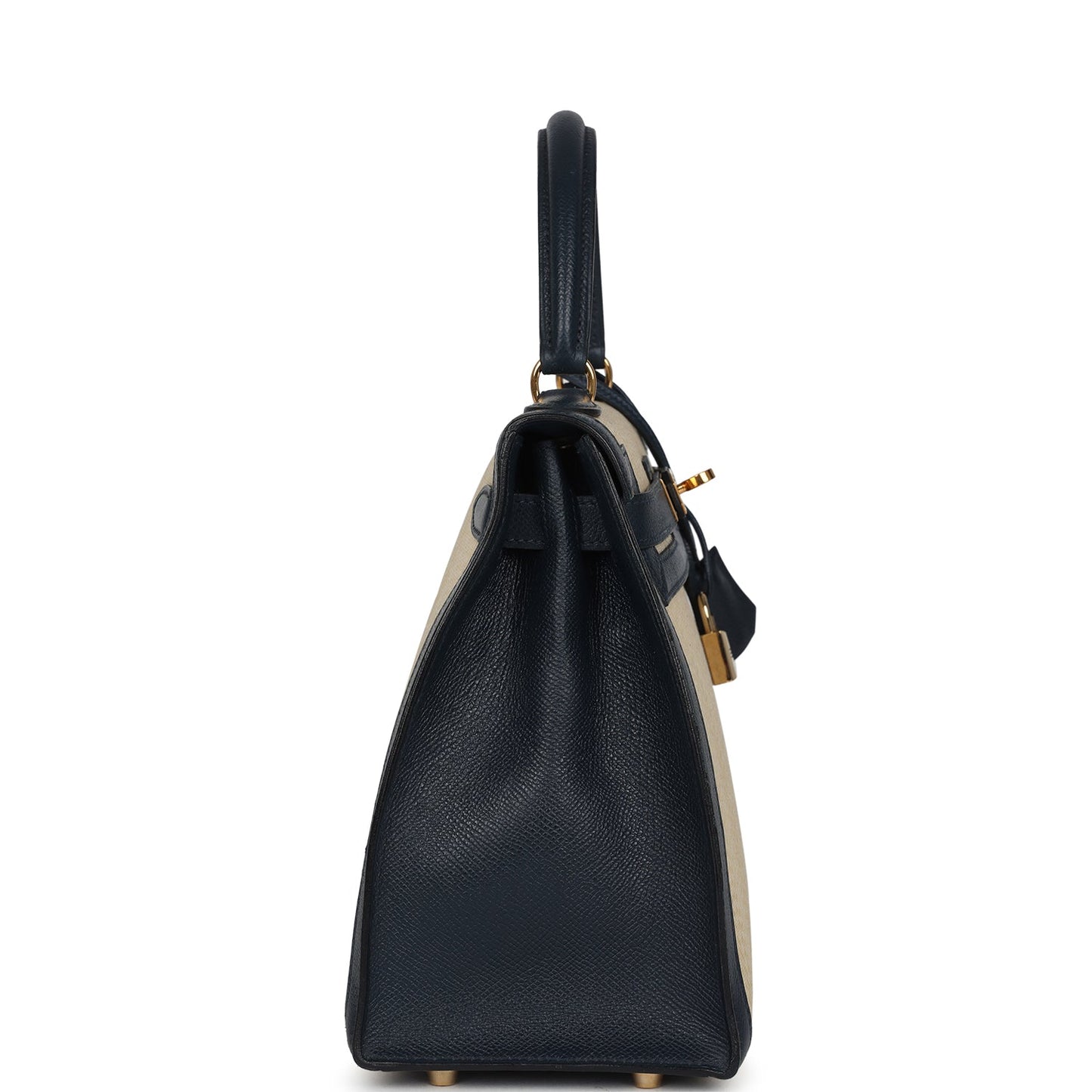 Vintage Kelly Sellier 28 Bleu Marine Courchevel and Ecru Crinoline Gold Hardware