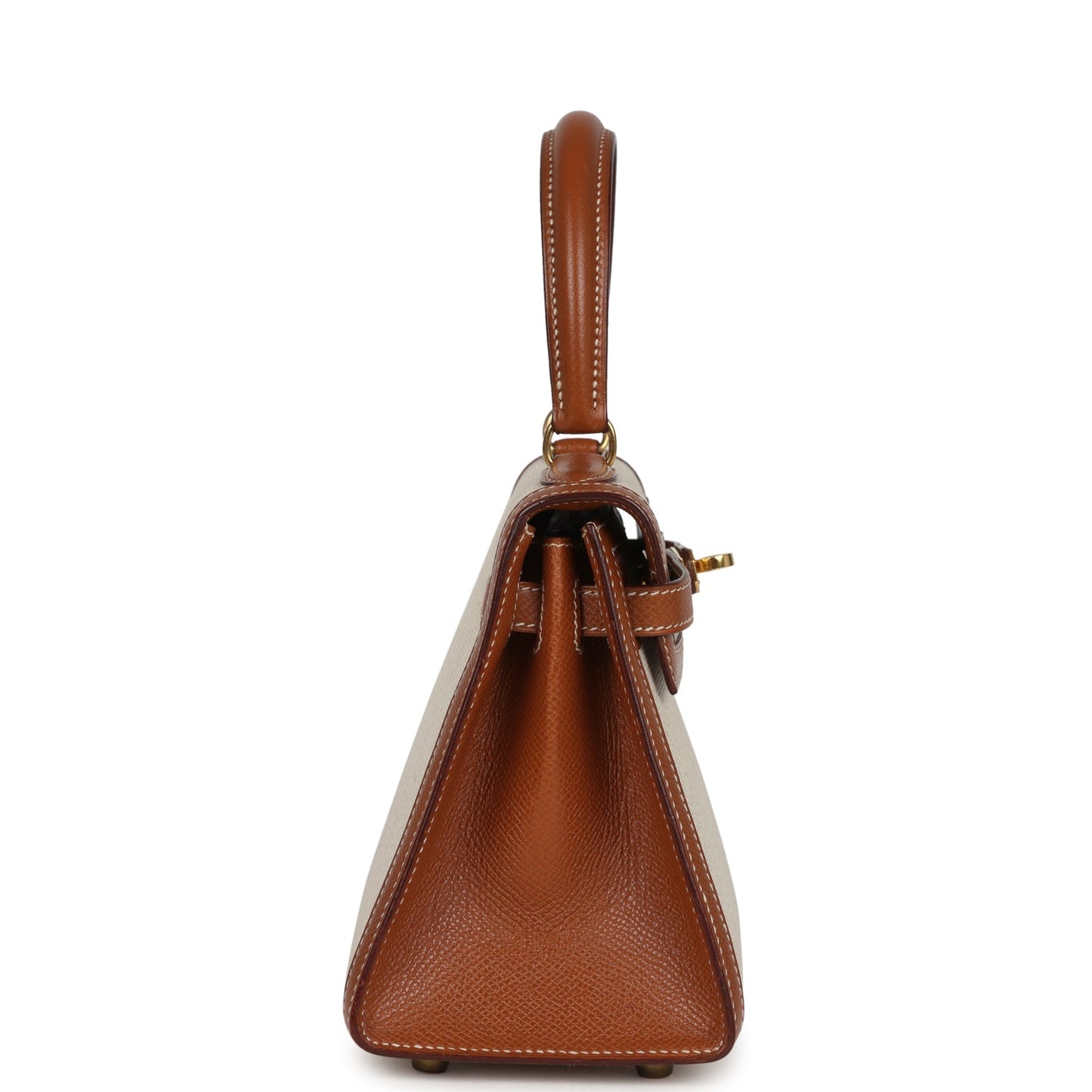 Vintage Kelly Sellier 20 Gold Courchevel and Ecru-Beige Toile H Canvas Gold Hardware