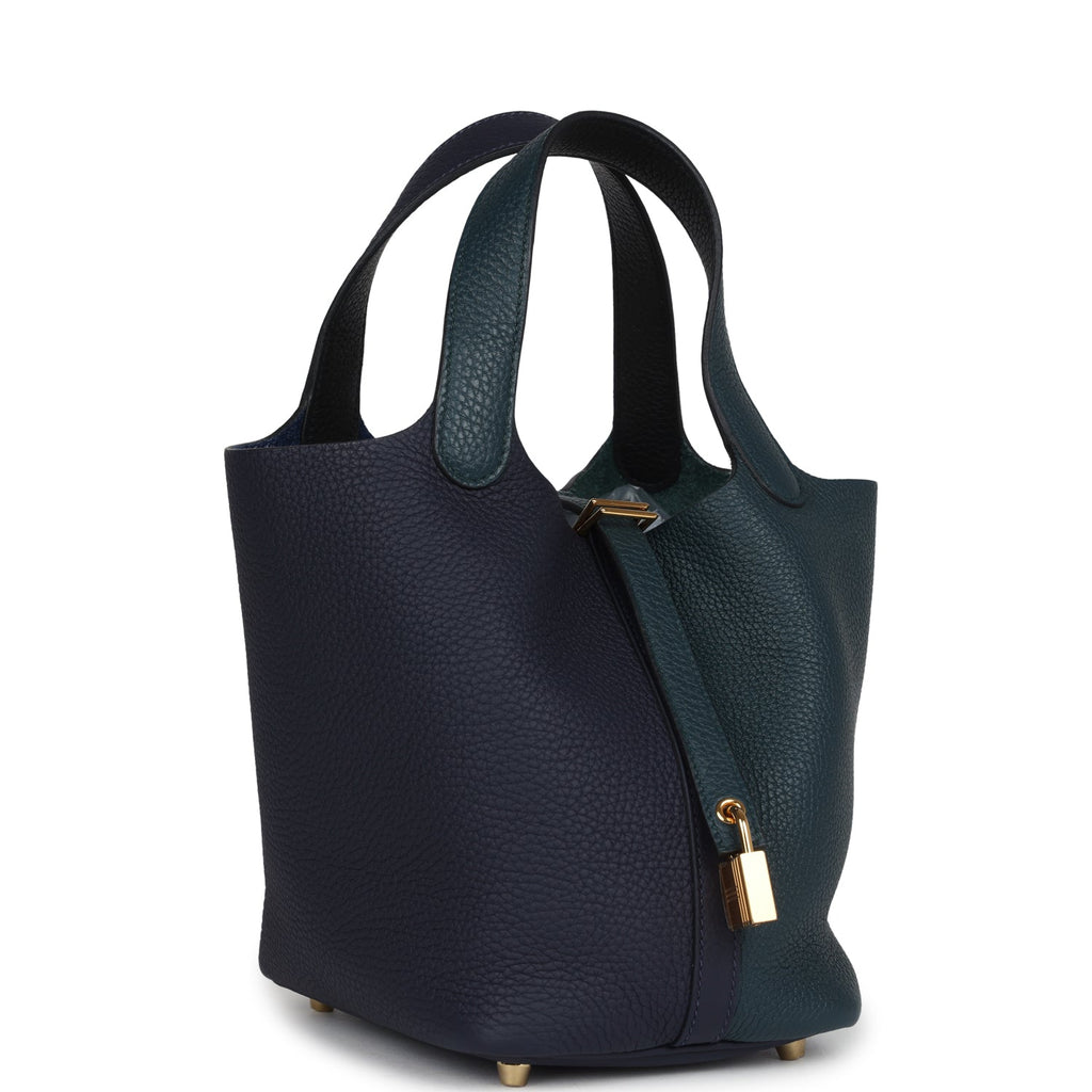 Picotin Lock 18 Casaque Bleu Nuit and Vert Cypress Clemence Gold Hardware