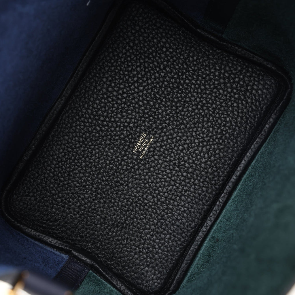 Picotin Lock 18 Casaque Bleu Nuit and Vert Cypress Clemence Gold Hardware