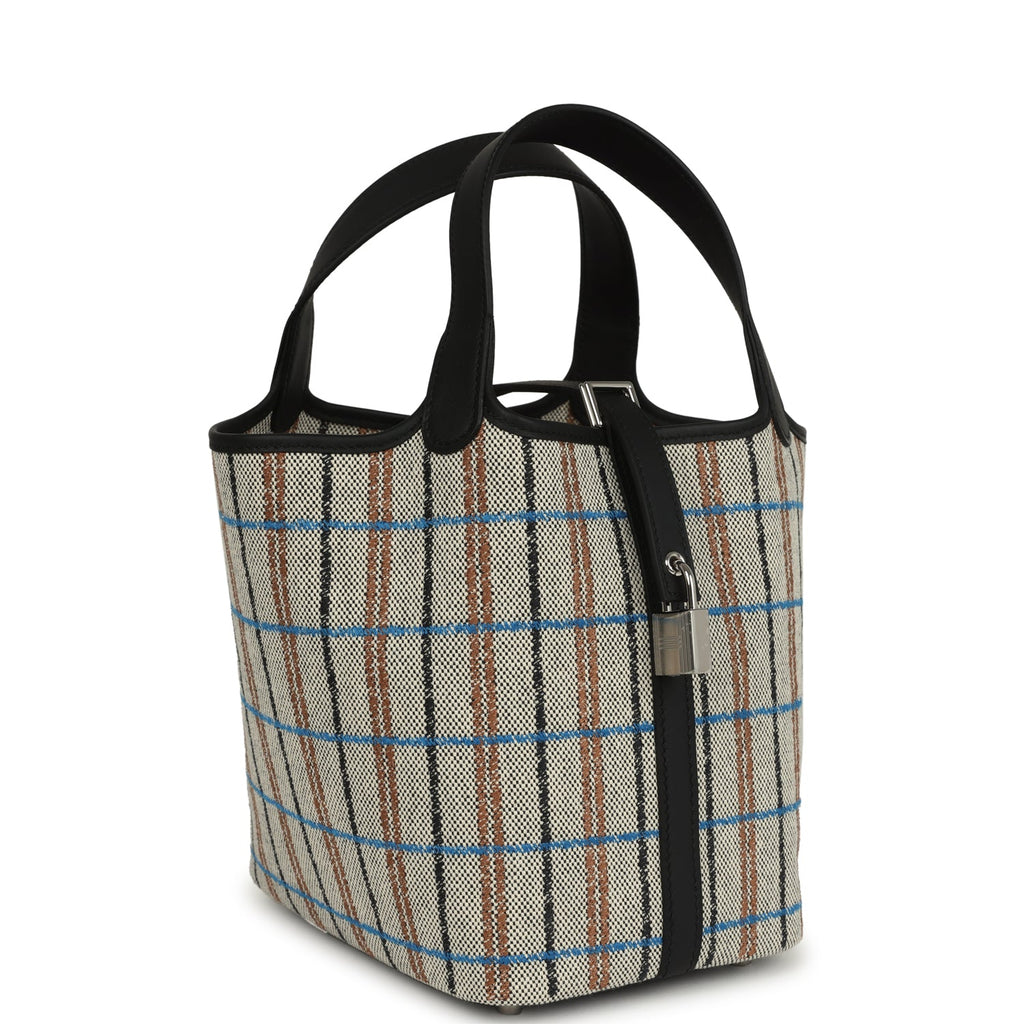 Picotin Lock 18 Black Swift and Ecru, Bleu, Black and Fauve Toile H Canvas Palladium Hardware