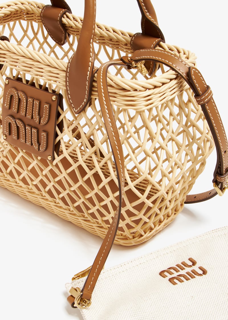 Leather edge knitted fabric handbag