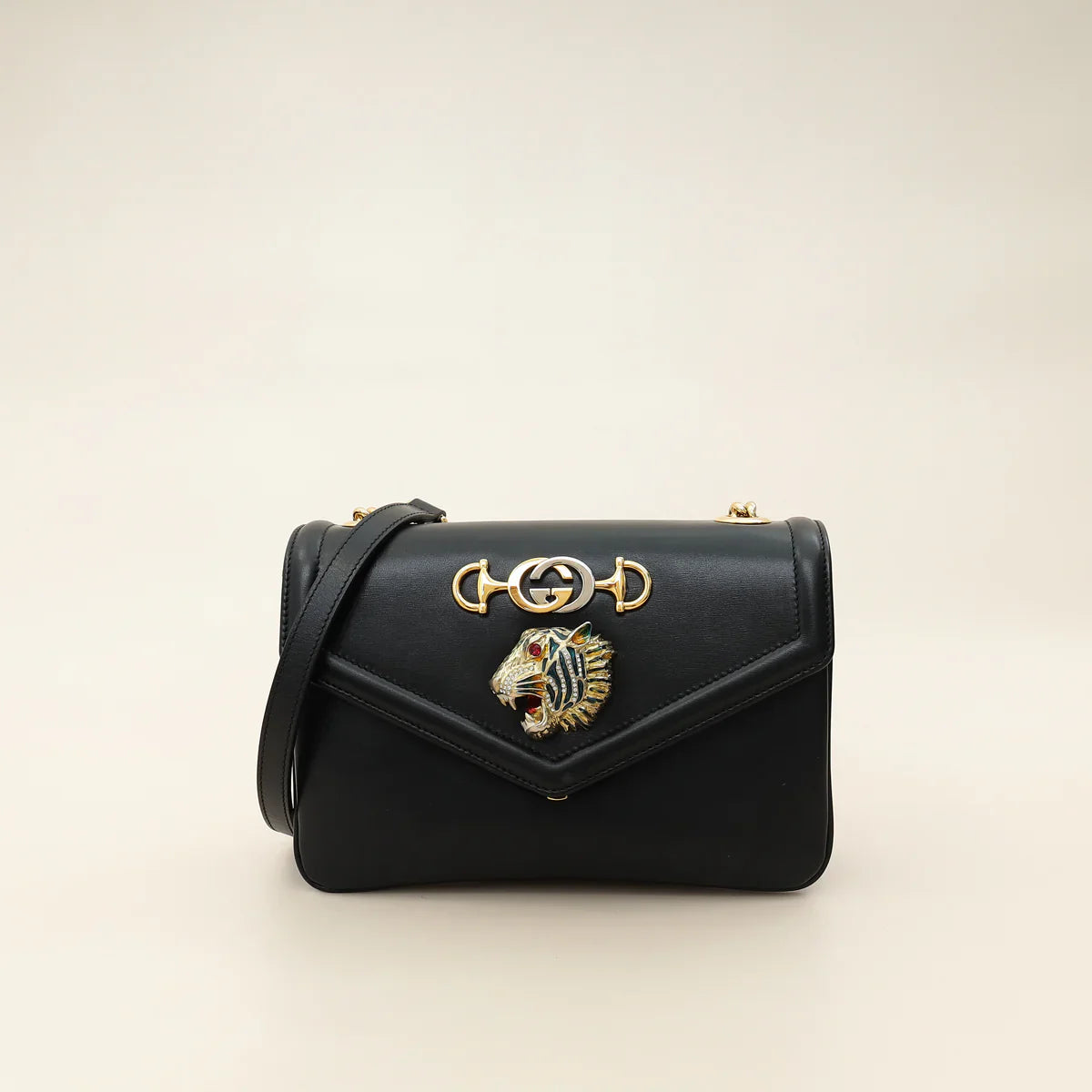 Gucci Black Rajah Medium Vitello Palmellato Lux Crystal Shoulder