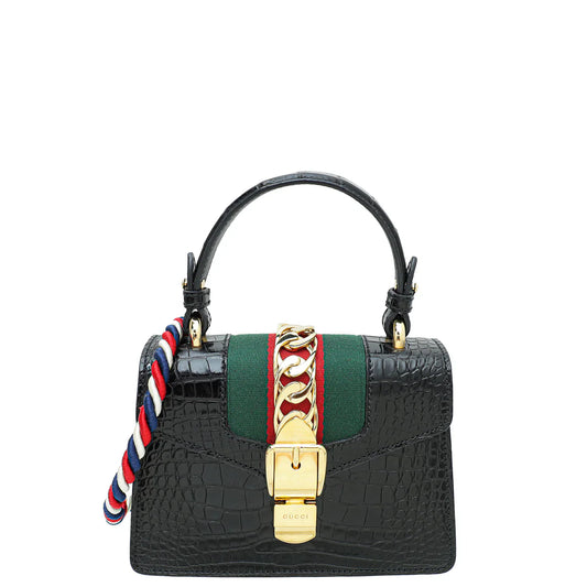 Gucci Shiny Black Alligator Sylvie Mini Top Handle