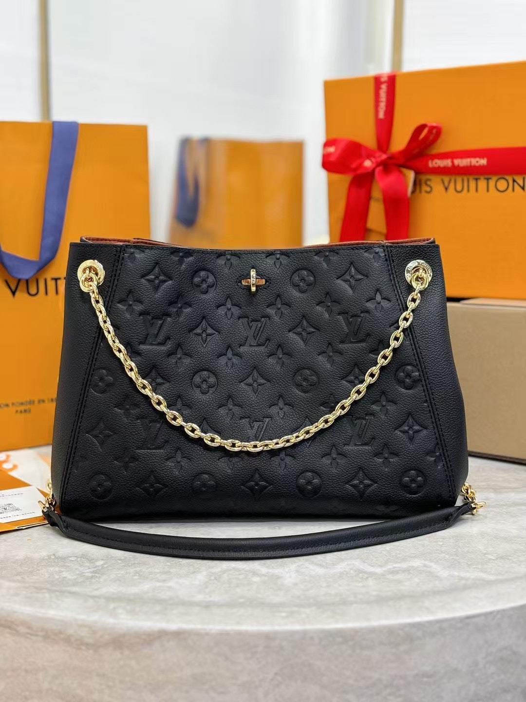 Structured Shoulder Tote with Chain Handle Black
