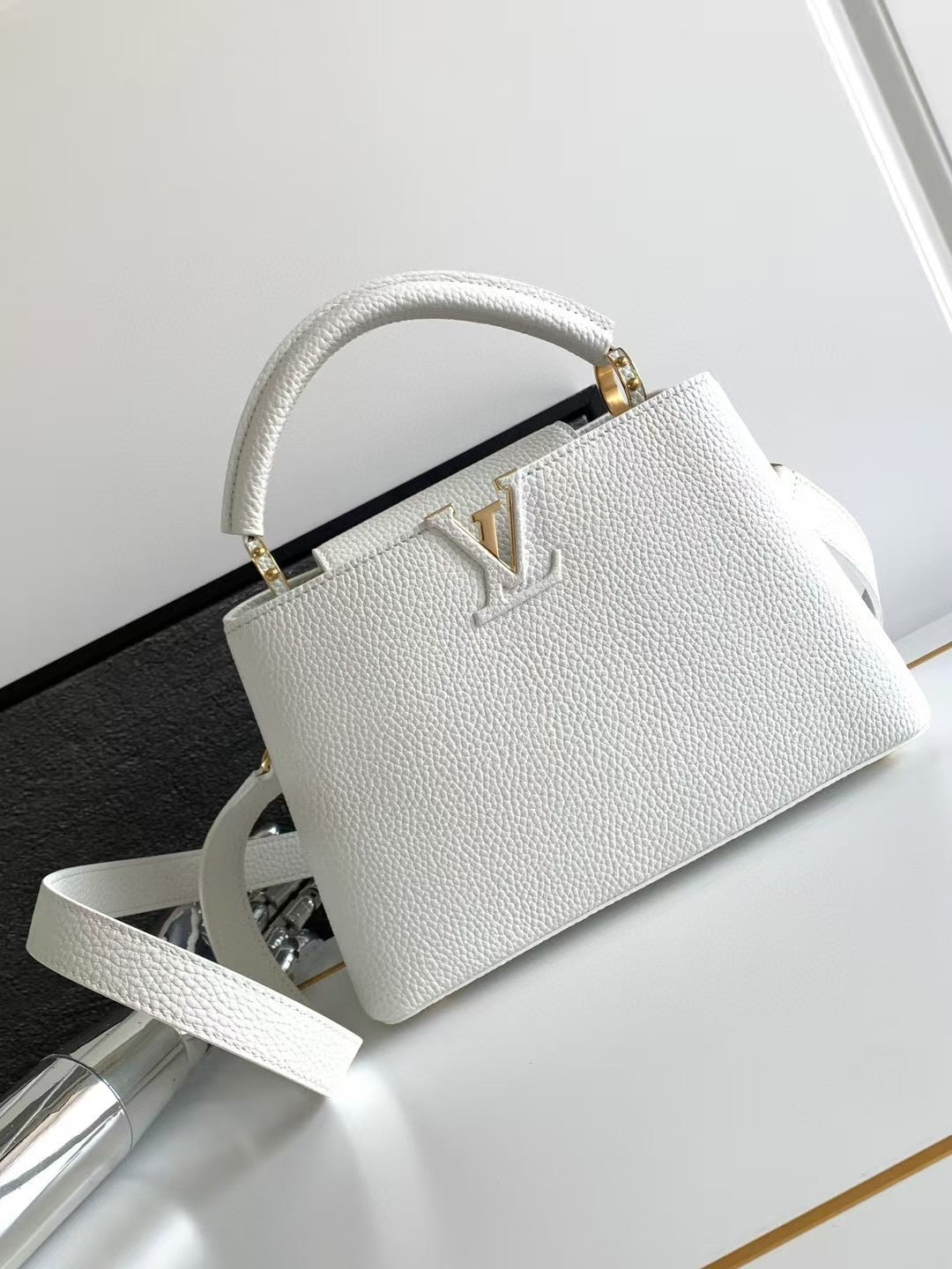 Structured Pebbled Leather White Top Handle Bag