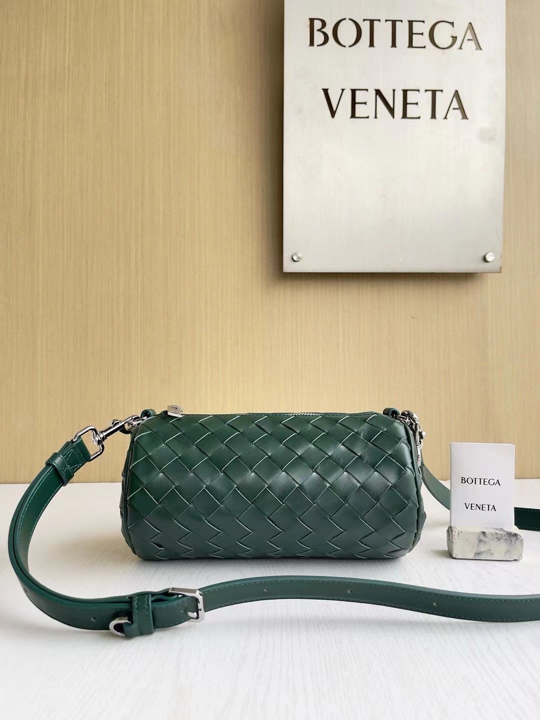 Woven Leather Cylinder Bag with Adjustable Strap