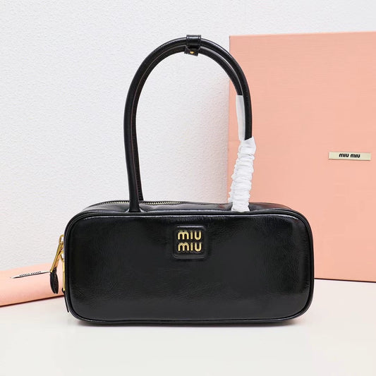 Glossy Black Leather Shoulder Bag