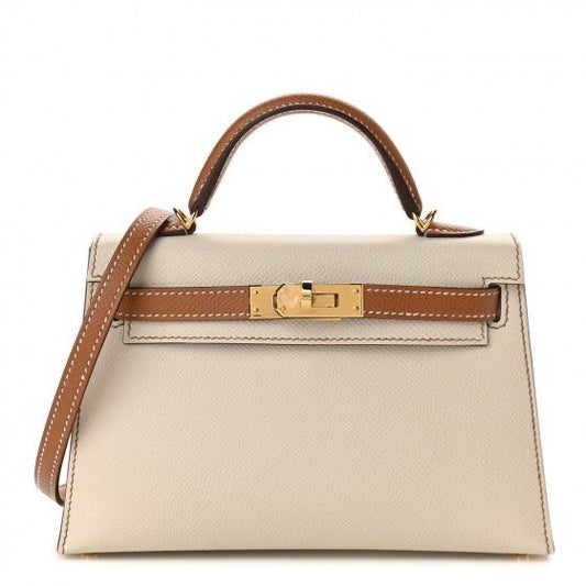 Hermès Mini Kelly Epsom White Brown / Gold  Hardware 01