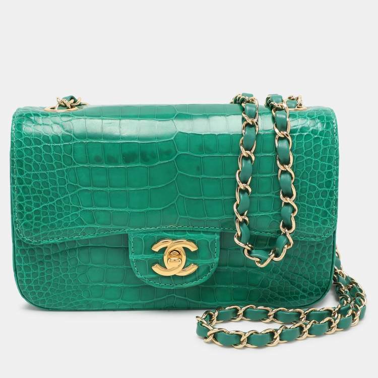 CHANEL Chanel Green USA Aliigator Small Classic Double Flap Bag