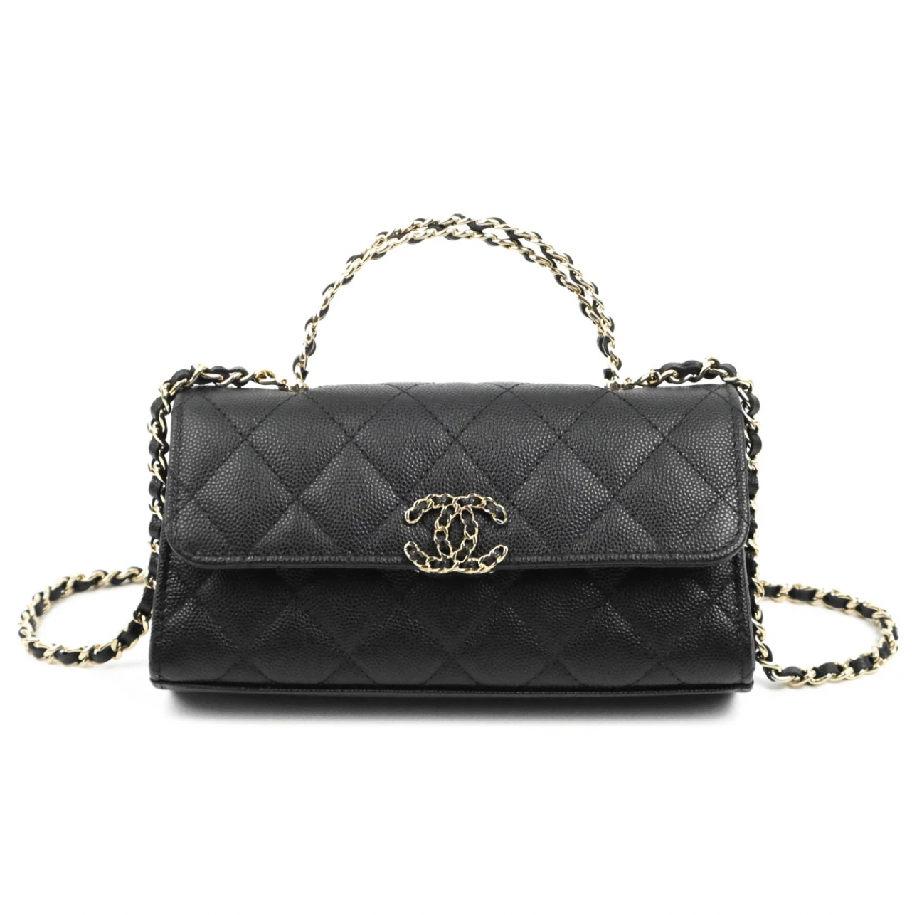 Top Handle Clutch with Chain Black Caviar Light Gold Hardware 23P