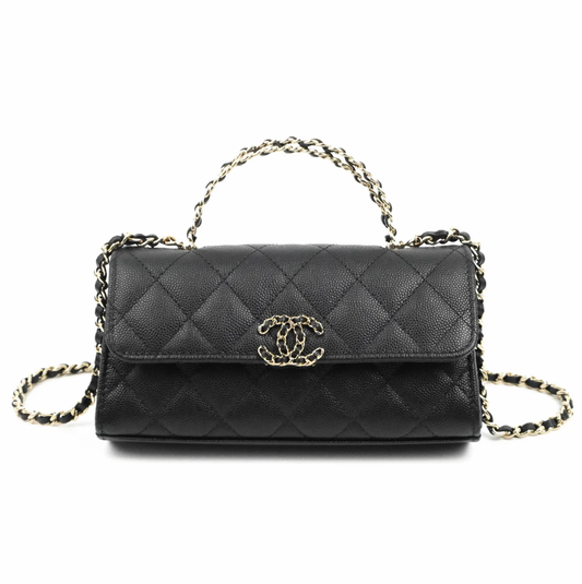 Top Handle Clutch with Chain Black Caviar Light Gold Hardware 23P