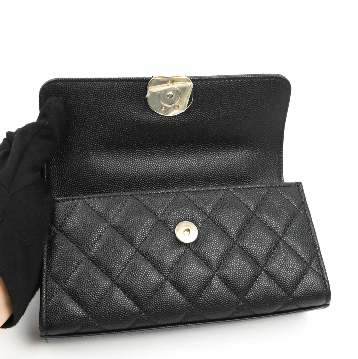 Top Handle Clutch with Chain Black Caviar Light Gold Hardware 23P