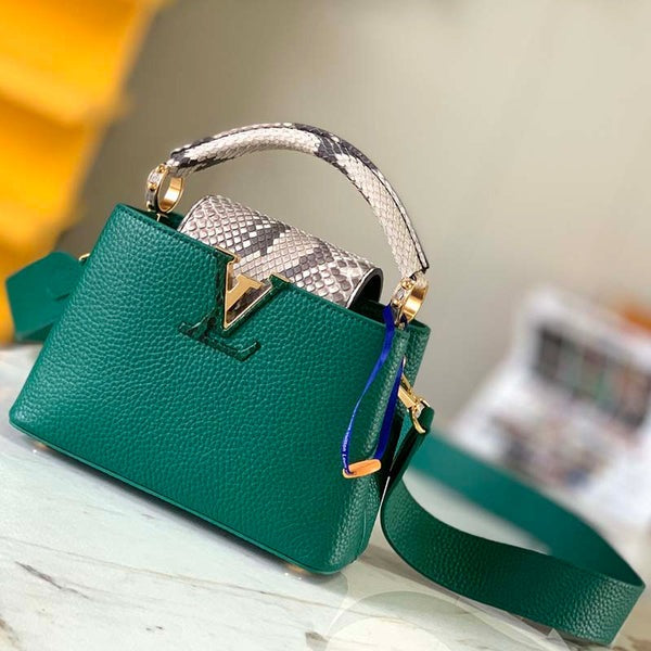 Capucines Mini Taurillon Leather Python Trim Top Handle Bag