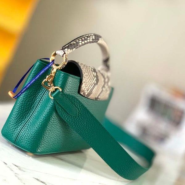 Capucines Mini Taurillon Leather Python Trim Top Handle Bag
