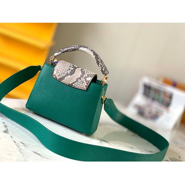 Capucines Mini Taurillon Leather Python Trim Top Handle Bag