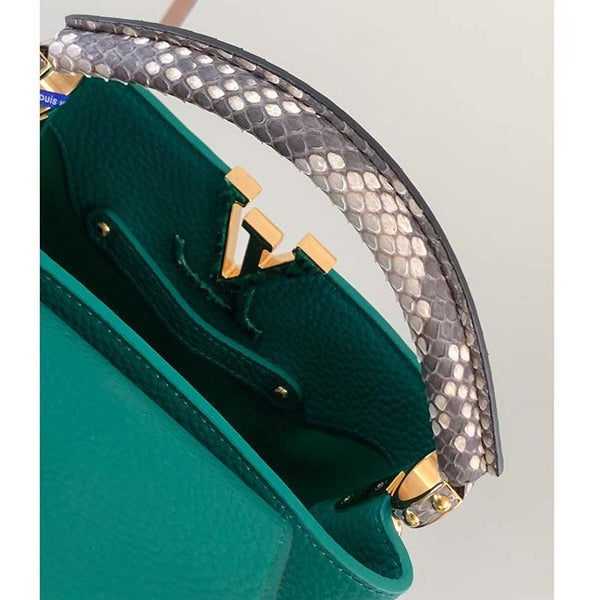 Capucines Mini Taurillon Leather Python Trim Top Handle Bag