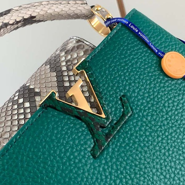 Capucines Mini Taurillon Leather Python Trim Top Handle Bag