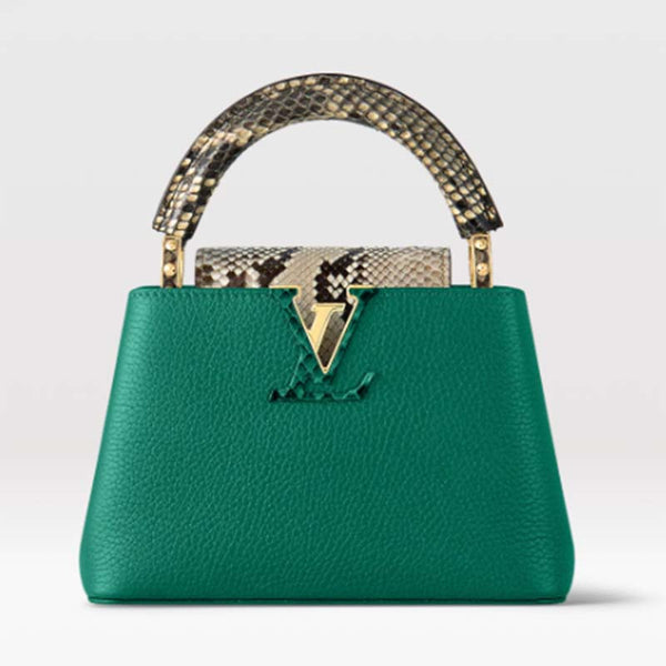 Capucines Mini Taurillon Leather Python Trim Top Handle Bag