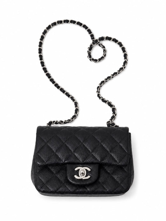 Quilted Classic Square Flap Bag in Leather - Black- Caviar Silver Hardware - Mini 18 CM 01