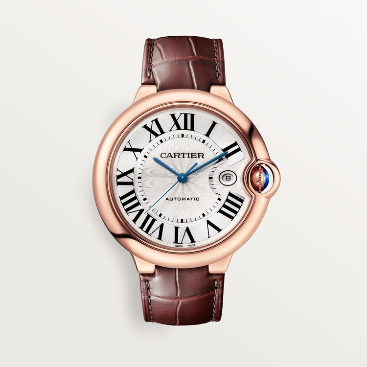 Ballon Bleu 42mm Rose Gold Automatic Silver Guilloché Dial Alligator Strap Watch