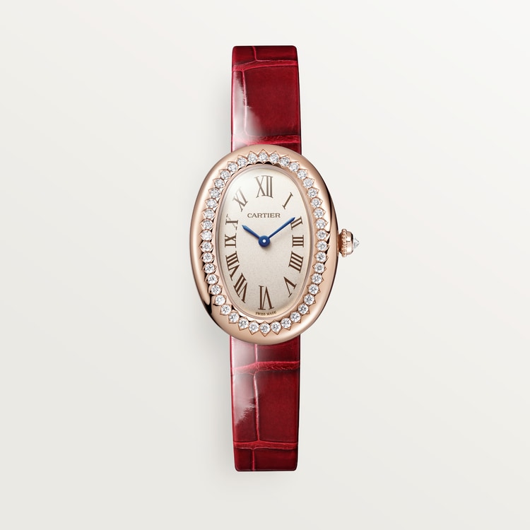 Baignoire Small 31.4mm x 23.09mm Rose Gold Diamond Case Diamond Crown Silvered Dial Red Alligator Strap Quartz Watch