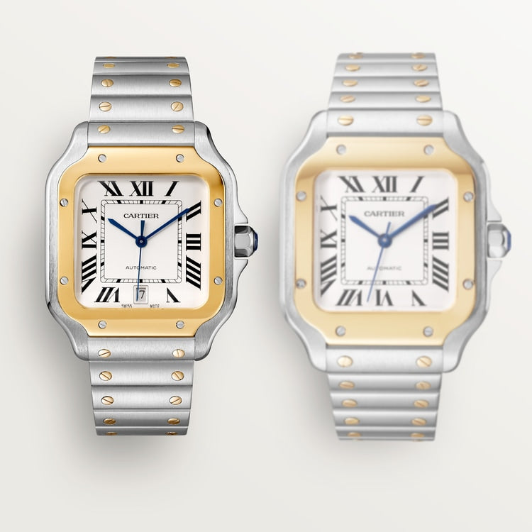 Santos de Cartier Medium 35.1mm Steel Yellow Gold Bezel Silvered Opaline Dial Steel Bracelet Self-Winding Watch
