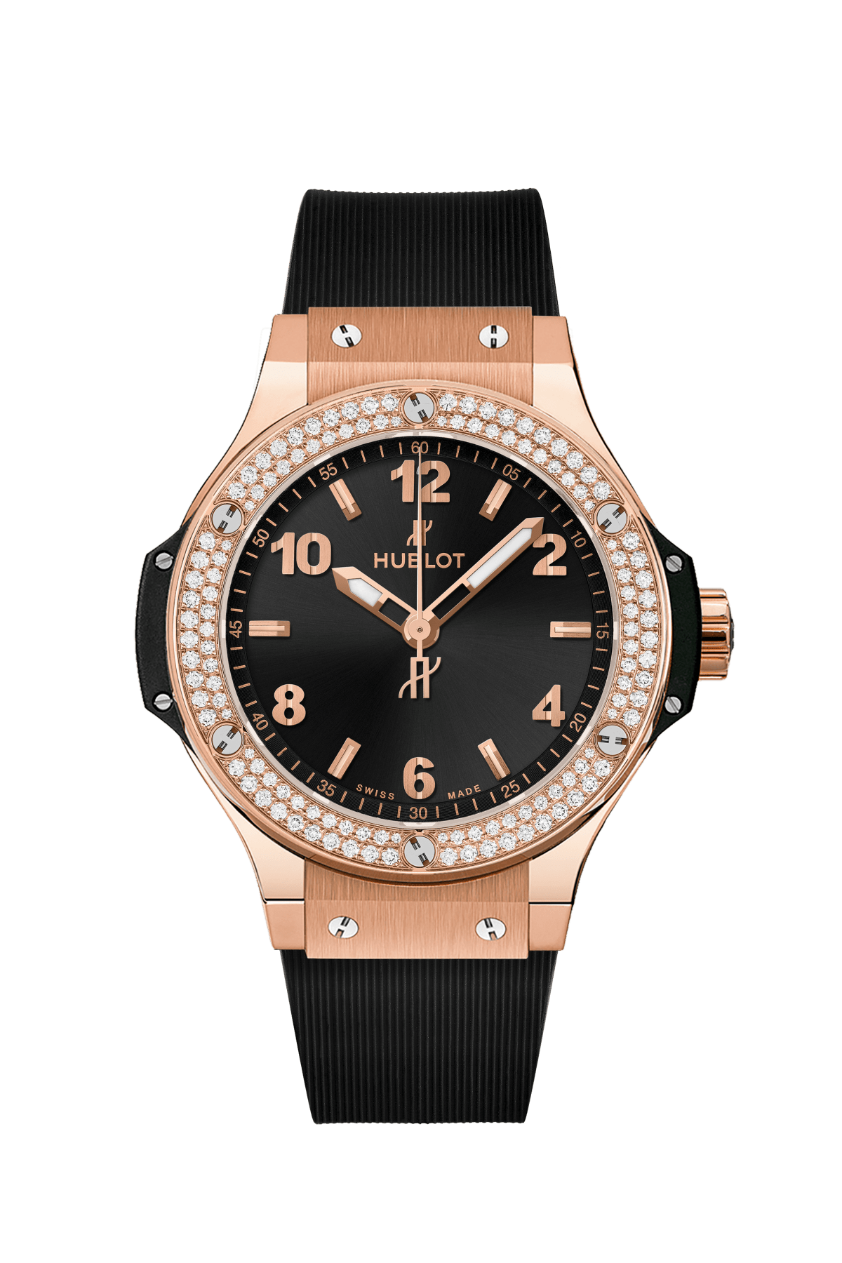 Big Bang Original 38 mm 18K 5N Gold Diamond Black Dial Rubber Strap Watch