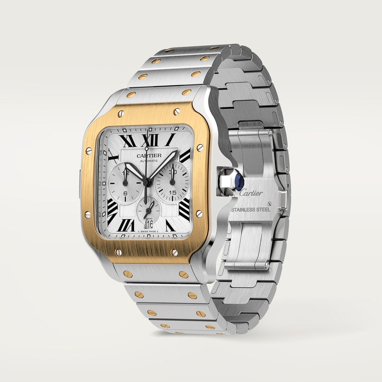 Santos de Cartier Chronograph Extra-Large 51.3mm x 43.3mm Steel Yellow Gold Bezel Silver Dial Steel Bracelet Self-Winding Watch