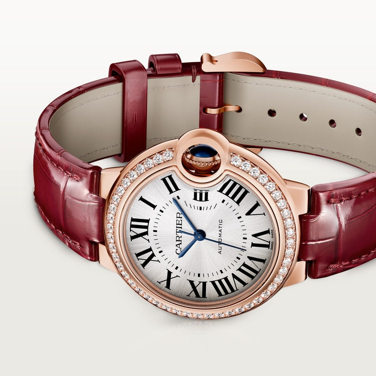 Ballon Bleu 33mm Rose Gold Diamond Case Silvered Sunray Dial Burgundy Alligator Strap Automatic Watch