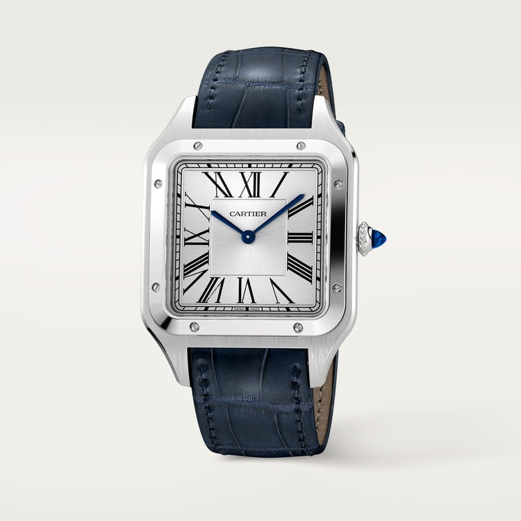Santos-Dumont Extra-Large 46.6mm x 33.9mm Steel Silvered Satin-Finish Dial Navy Blue Alligator Strap Manual-Winding Watch