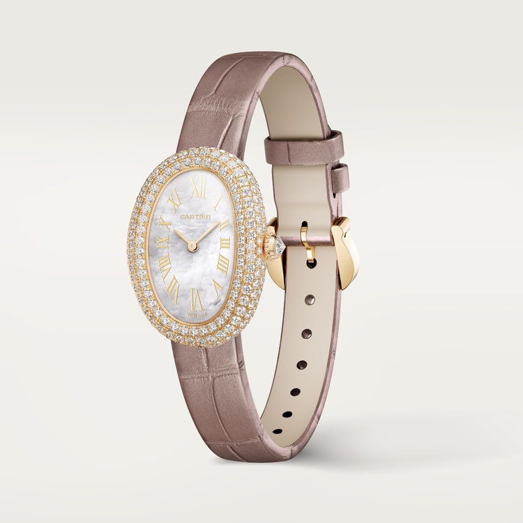 Baignoire Small 31.4mm x 23.1mm Yellow Gold Diamond Case Diamond Crown Mother-of-Pearl Dial Beige Alligator Strap Quartz Watch
