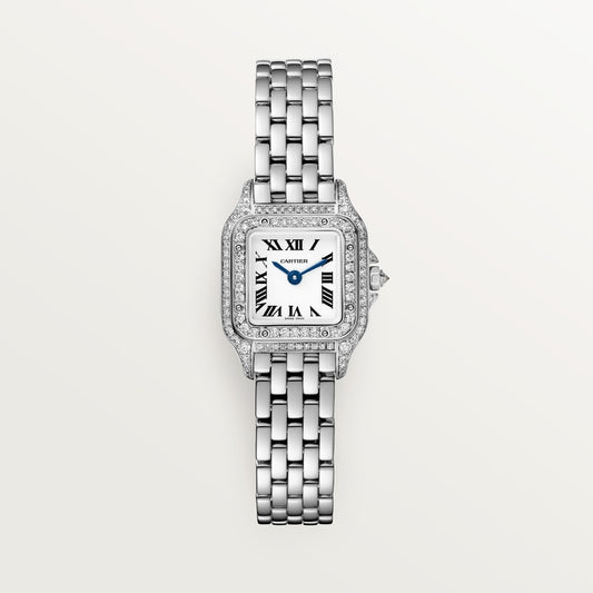 ساعة Panthère de Cartier ميني، مقاس 25 مم × 20 مم، من الذهب الأبيض، إطار مرصع بالألماس، تاج مرصع بالألماس، ميناء فضي، سوار من الذهب الأبيض، حركة كوارتز
