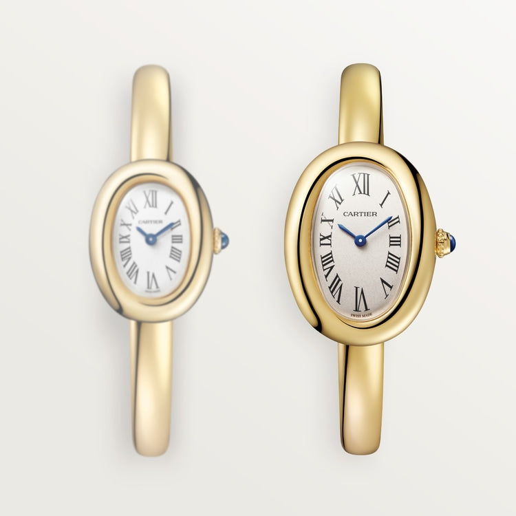 Baignoire Small 31.4mm x 23.1mm Yellow Gold Beaded Crown Sapphire Cabochon Silvered Dial Yellow Gold Bracelet Quartz Watch