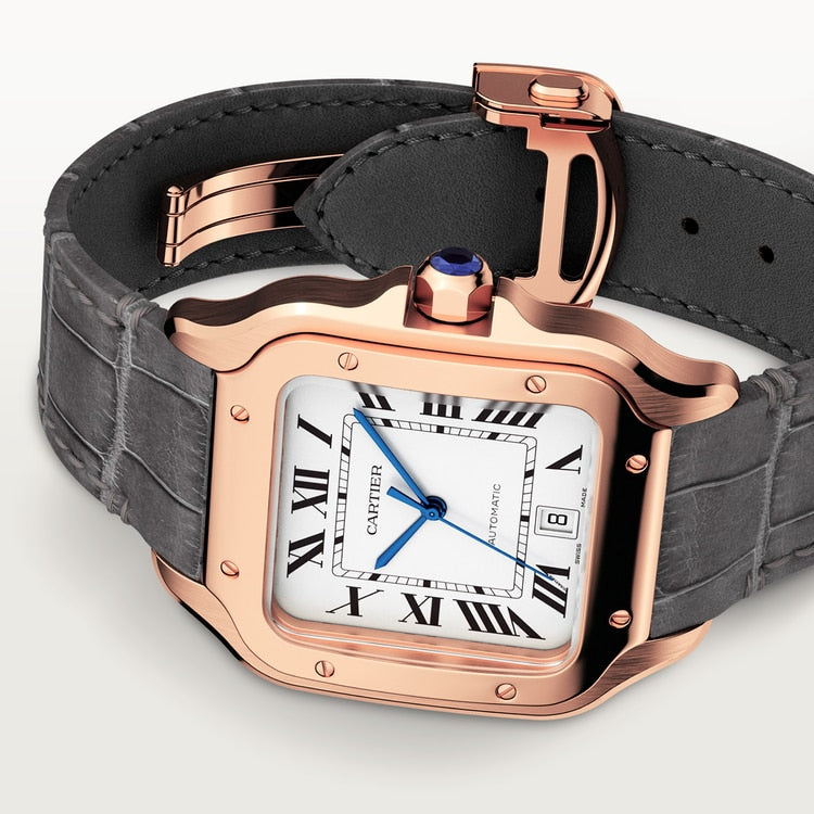 Santos de Cartier Large 39.8mm Rose Gold Blue Crown Opaline Silver Dial Alligator Strap Self-Winding Watch