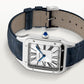 Santos-Dumont Extra-Large 46.6mm x 33.9mm Steel Silvered Satin-Finish Dial Navy Blue Alligator Strap Manual-Winding Watch