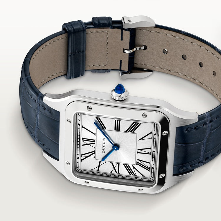 Santos-Dumont Extra-Large 46.6mm x 33.9mm Steel Silvered Satin-Finish Dial Navy Blue Alligator Strap Manual-Winding Watch