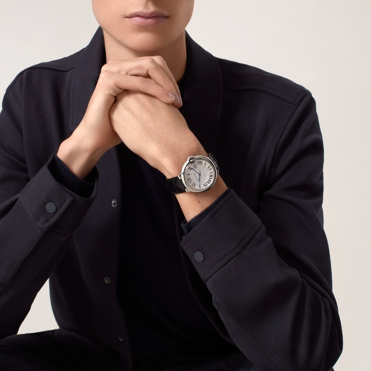 Ballon Bleu 42mm Steel Automatic Silver Guilloché Dial Leather Strap Watch