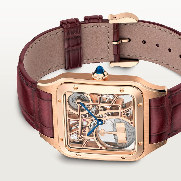 Santos-Dumont Large 43.5mm x 31.4mm Rose Gold Blue Crown Skeleton Dial Burgundy Alligator Strap Self-Winding Watch
