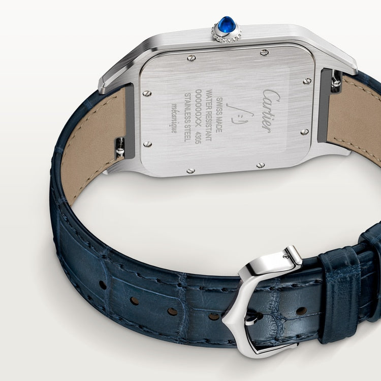 Santos-Dumont Extra-Large 46.6mm x 33.9mm Steel Silvered Satin-Finish Dial Navy Blue Alligator Strap Manual-Winding Watch