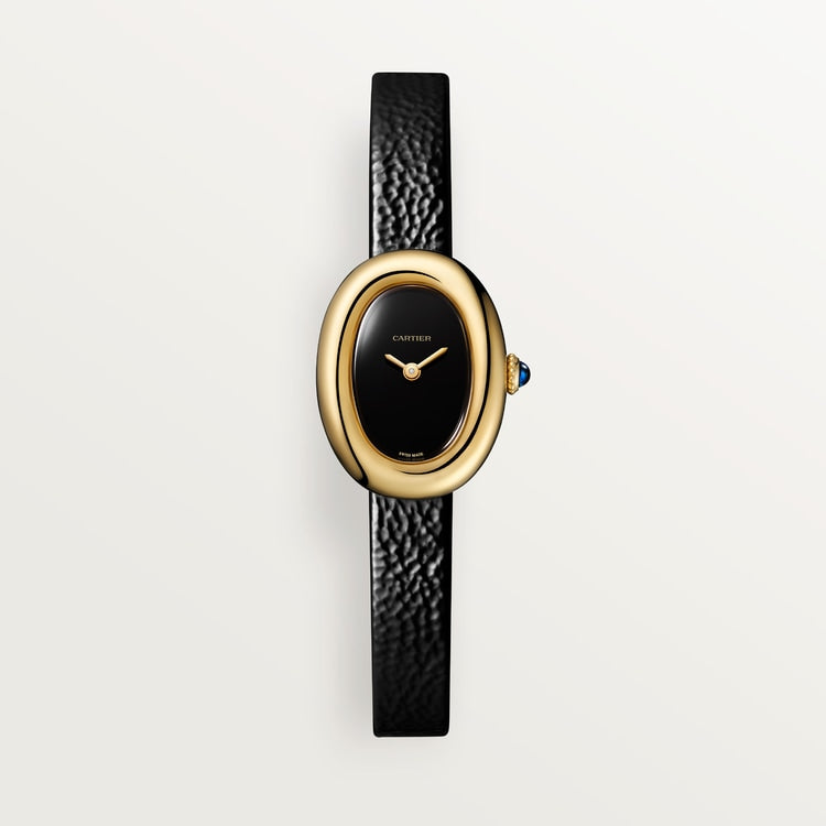 Baignoire Mini 24.6mm x 18.7mm Yellow Gold Beaded Crown Sapphire Cabochon Black Dial Black Patent Leather Strap Quartz Watch