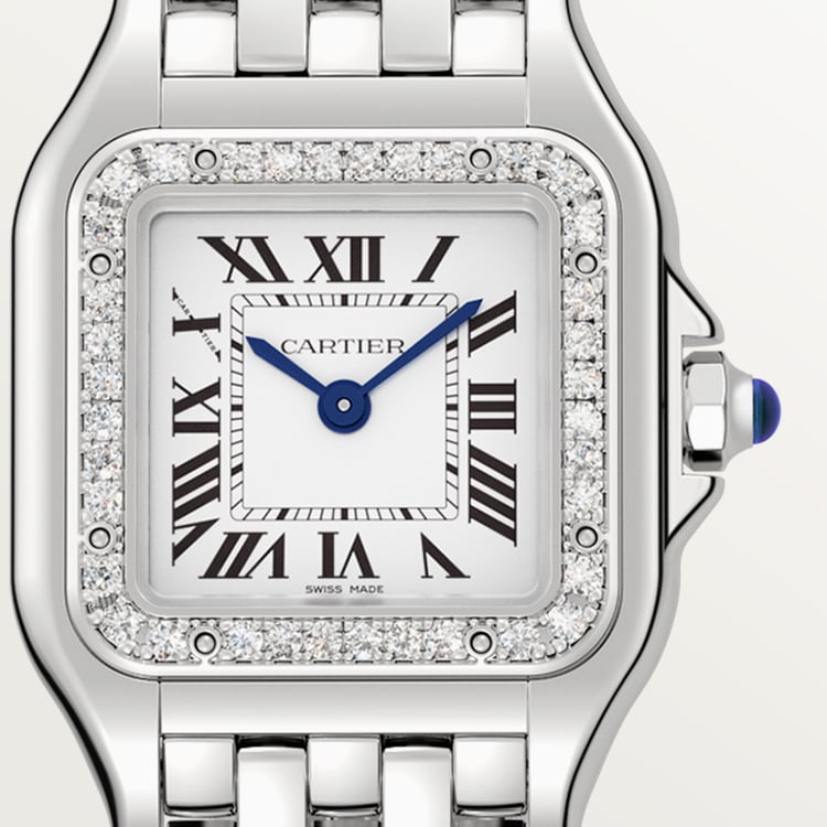 Panthère de Cartier Small 23mm x 30mm Steel Diamond Bezel Blue Crown Silver Dial Steel Bracelet Quartz Watch
