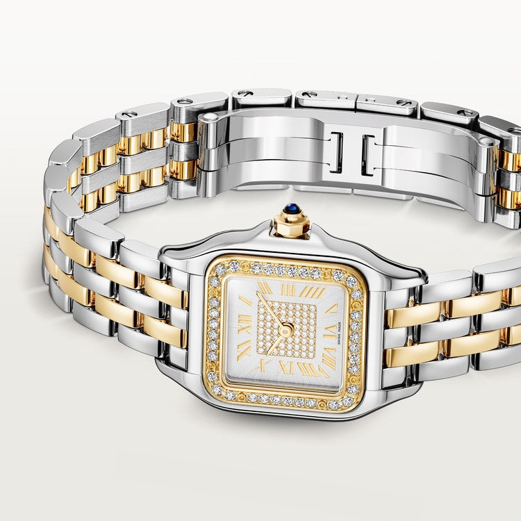 Panthère Small 30.3mm x 22.0mm Yellow Gold and Steel Diamond Case Blue Spinel Crown Silver Dial Gold and Steel Bracelet Quartz Watch