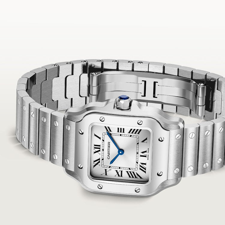 Santos de Cartier Small 34.5mm x 27mm Steel Blue Crown Silver Sunray Dial Steel Bracelet Quartz Watch